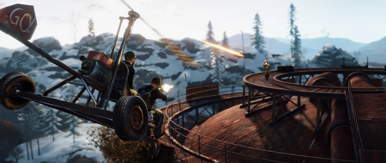 Выжившие на технике у промышленных резервуаров в Rust