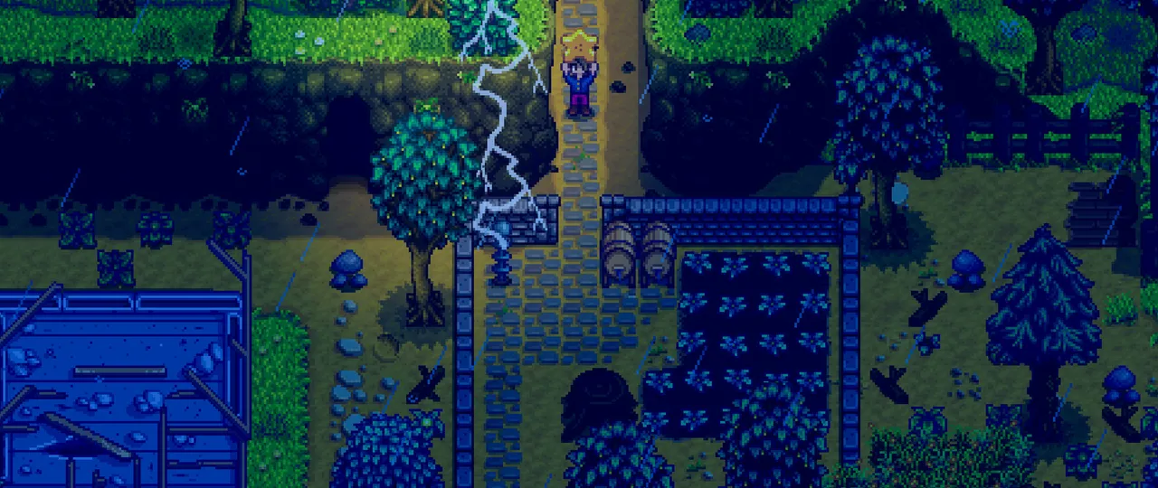 Ночной ливень с грозой над фермой в Stardew Valley