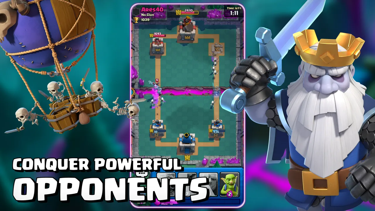 Бой на арене Clash Royale: башни, мост и войска на поле