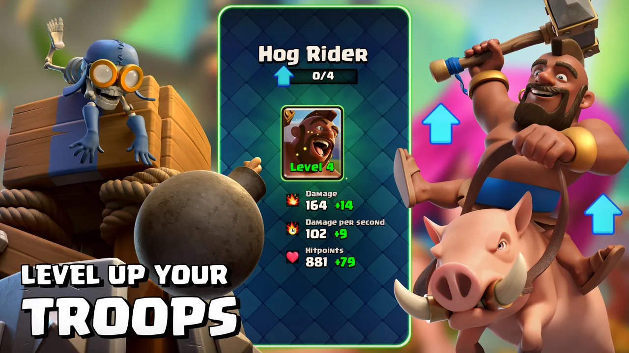 Всадник на кабане и экран прокачки карты в Clash Royale