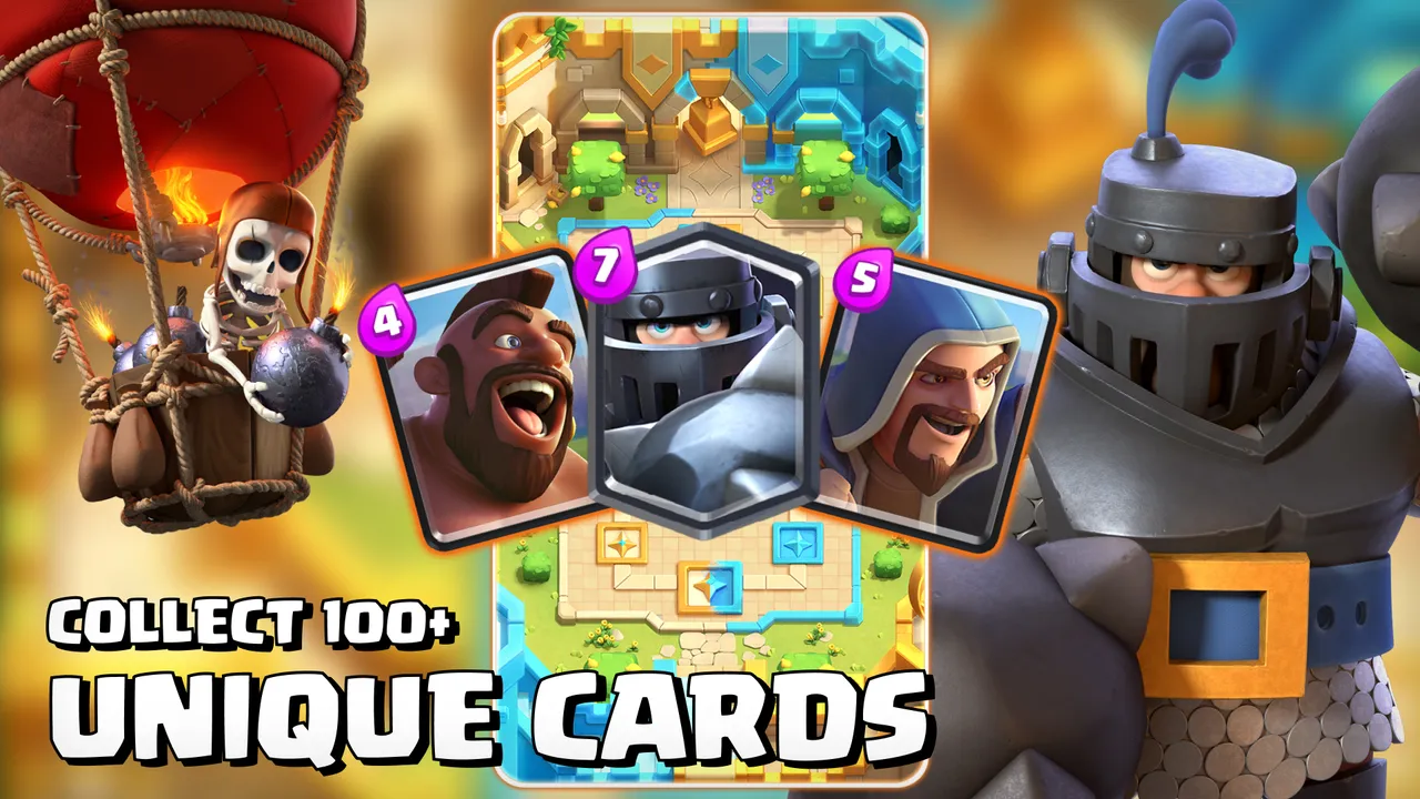 Карты Clash Royale на промо-кадре: шар со скелетом, всадник на кабане и рыцарь